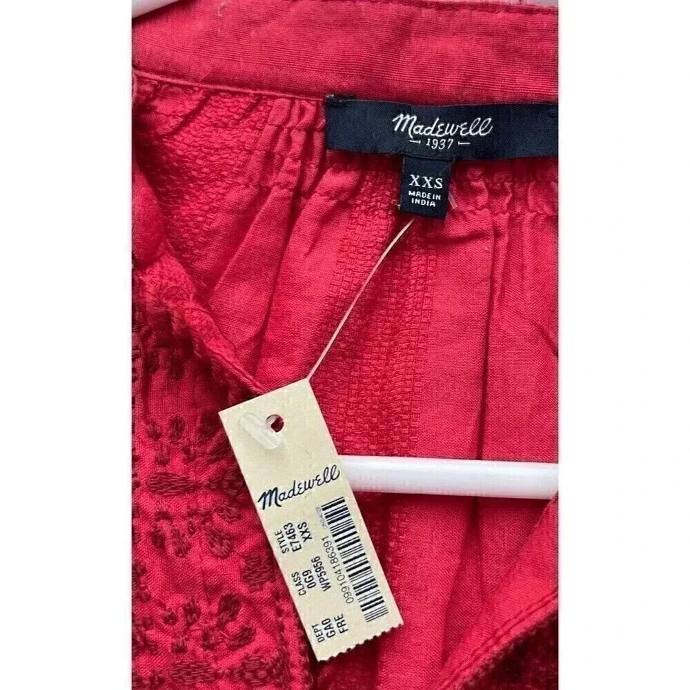 Madewell Women's Top Size XXS Red Embroidered 3/4 Sleeve Tassel Holiday - Picture 9 of 11